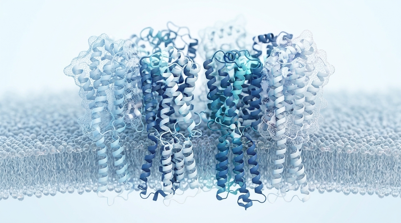 Abstract 3D molecular visualization of the human sarcoglycan complex spanning a lipid bilayer